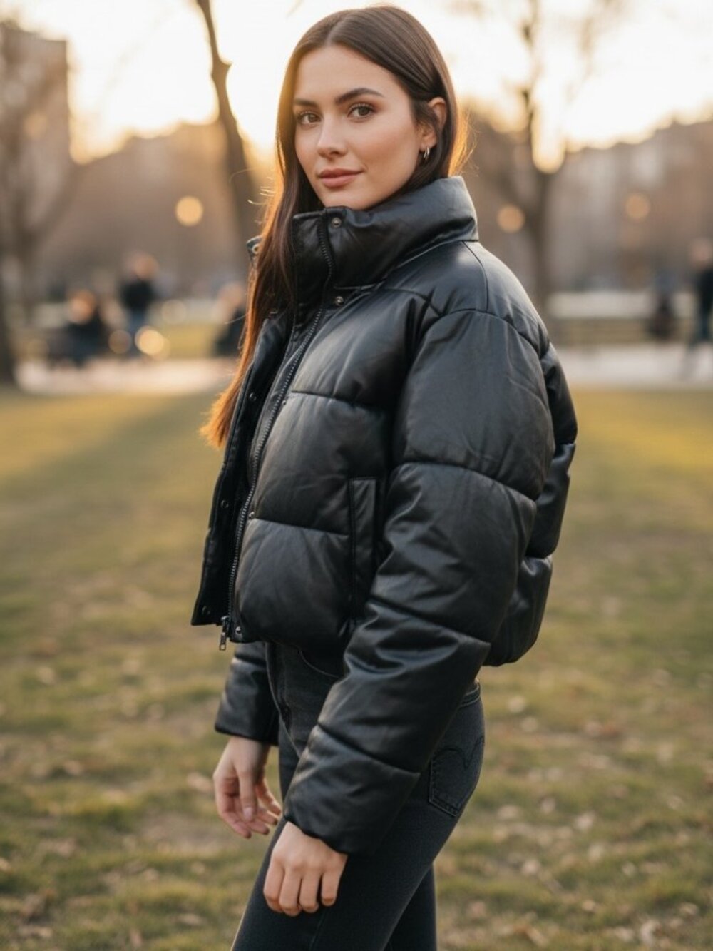 Zara Black Faux Leather Puffer Jacket Women's Size M Cropped Winter Coat